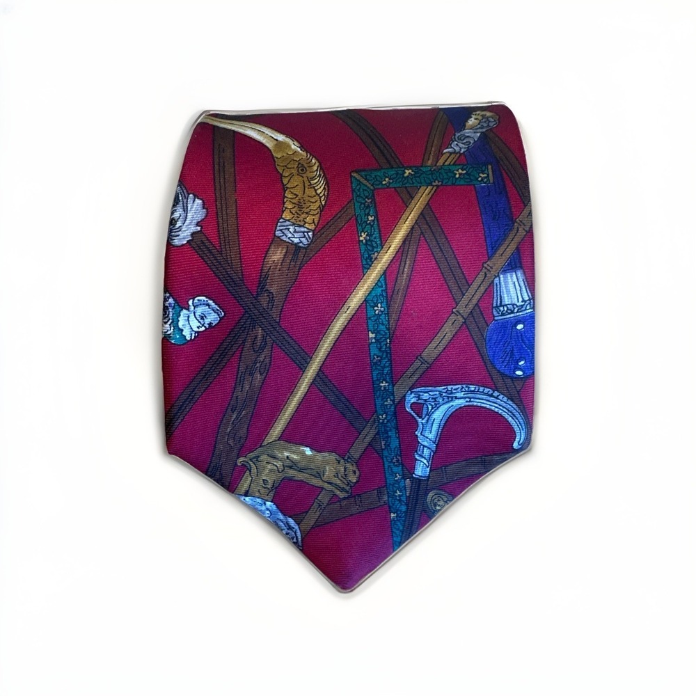 Vintage HALSTON Silk Tie Red Walking Stick‎ Cane Novelty Print Men's Necktie 70s